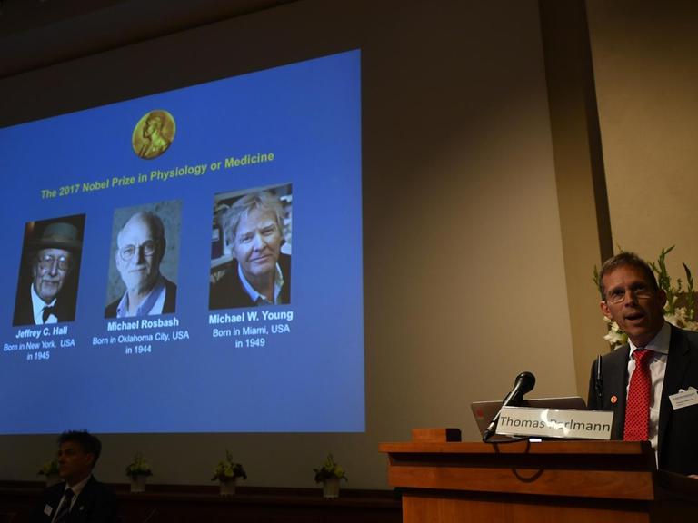 Der Vorsitzende des Nobelpreis-Komitees für Physiologie und Medizin, Thomas Perlmann, gibt in Stockholm die Träger des diesjährigen Medizin-Nobelpreises bekannt (auf dem Bildschirm von links nach rechts): Jeffrey C. Hall, Michael Rosbash und Michael W. Young