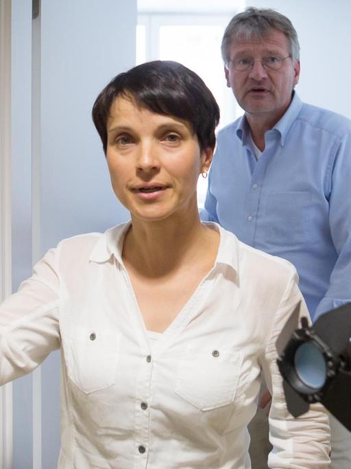 Frauke Petry und Jörg Meuthen verlassen einen Raum im Stuttgarter Landtag