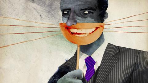 Collage eines Mannes im Anzug, der eine Maske mit einem lachenden Mund vor sich hält.