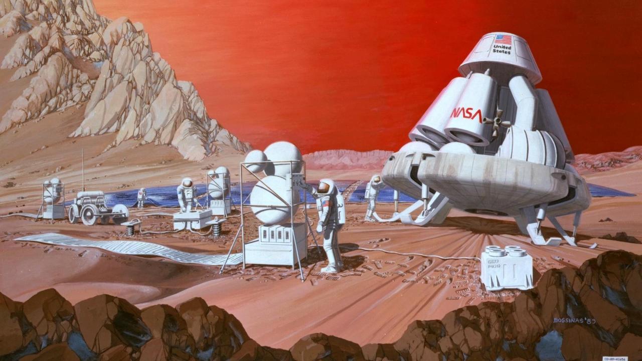 Illustration von Astronauten, die auf dem Mars Sauerstoff aus der Atmosphäre filtern.
