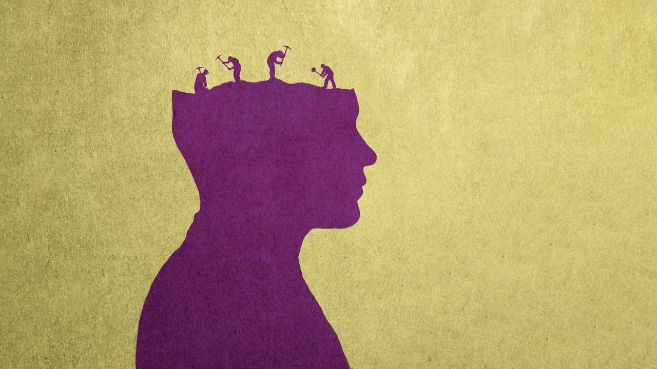 Illustration eines Kopfes, auf dem von Arbeitern abgetragen wird, dort wo eigentlich das Gehirn ist. Illustration eines Kopfes, auf dem von Arbeitern abgetragen wird, dort wo eigentlich das Gehirn ist.