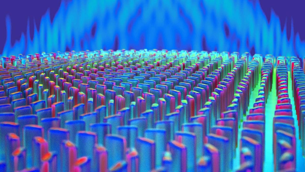 Ein Wald aus mikroskopisch kleinen Säulen bedeckt die Oberfläche der "Metalinse". (Computergrafik) Ein Wald aus mikroskopisch kleinen Säulen bedeckt die Oberfläche der "Metalinse". (Computergrafik)