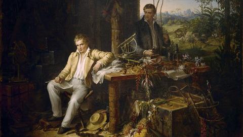 Alexander von Humboldt und sein Freund, der Botaniker Aimé Bonpland auf der 1799-1800 unternommenen Forschungsreise in Venezuela - auf dem Gemälde "'Humboldt und Bonpland am Orinoco" von Eduard Ender.