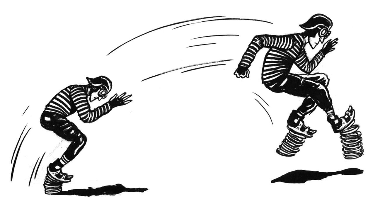 Schwarz-Weiß-Zeichnung von springenden Mann in gestreiftem Pullover, er trägt Springfedern an den Füßen.
