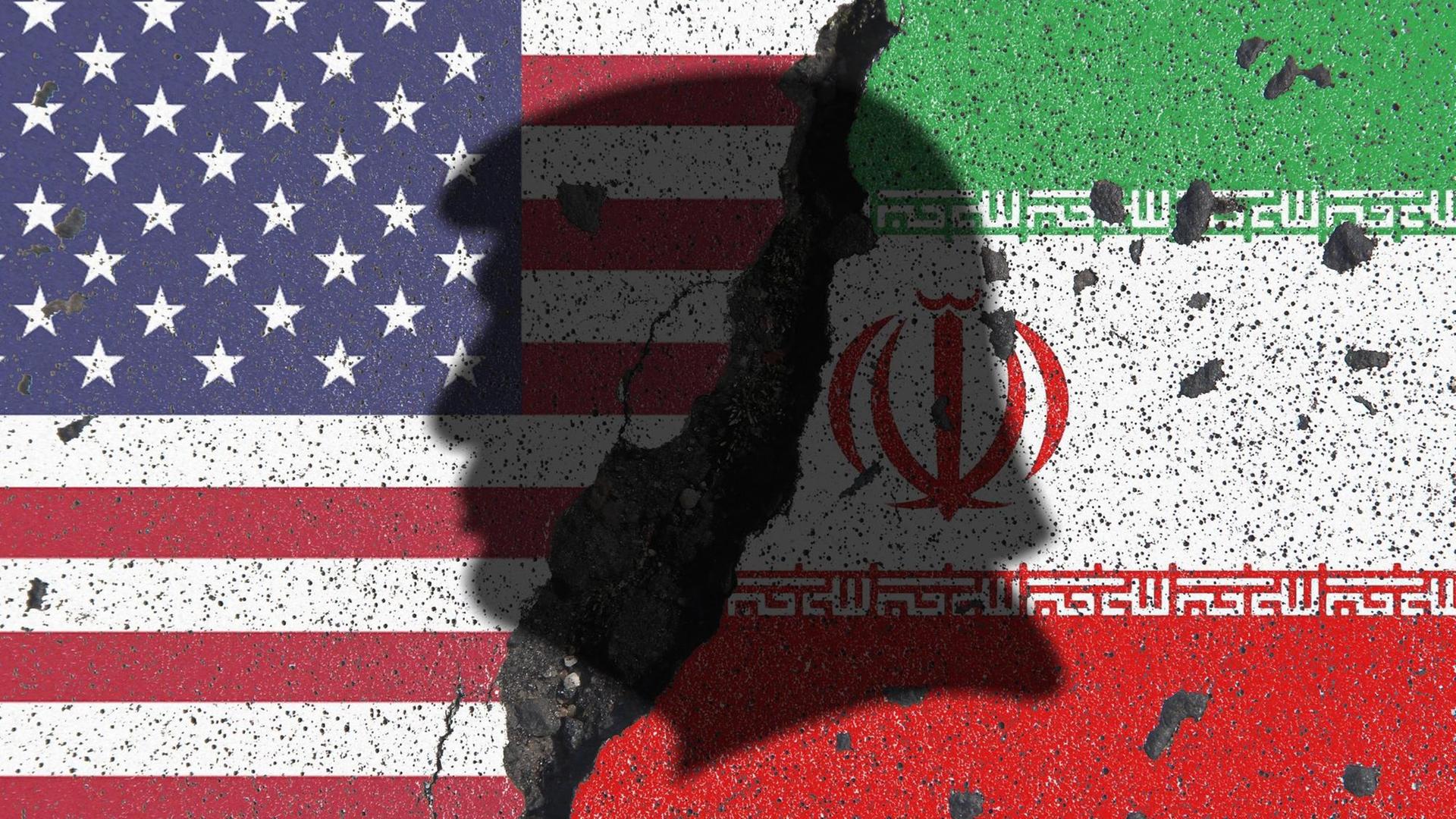 Die US- und iranische Flagge nebeneinander, darüber als Schattenriss das typische Donald-Trump-Profil. Die US- und iranische Flagge nebeneinander, darüber als Schattenriss das typische Donald-Trump-Profil.