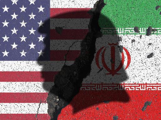 Die US- und iranische Flagge nebeneinander, darüber als Schattenriss das typische Donald-Trump-Profil.