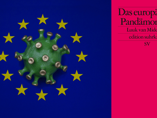 Das Buchcover von Luuk van Middelaar “Das europäische Pandämonium" und ein gestaltetes Europaflaggenbild