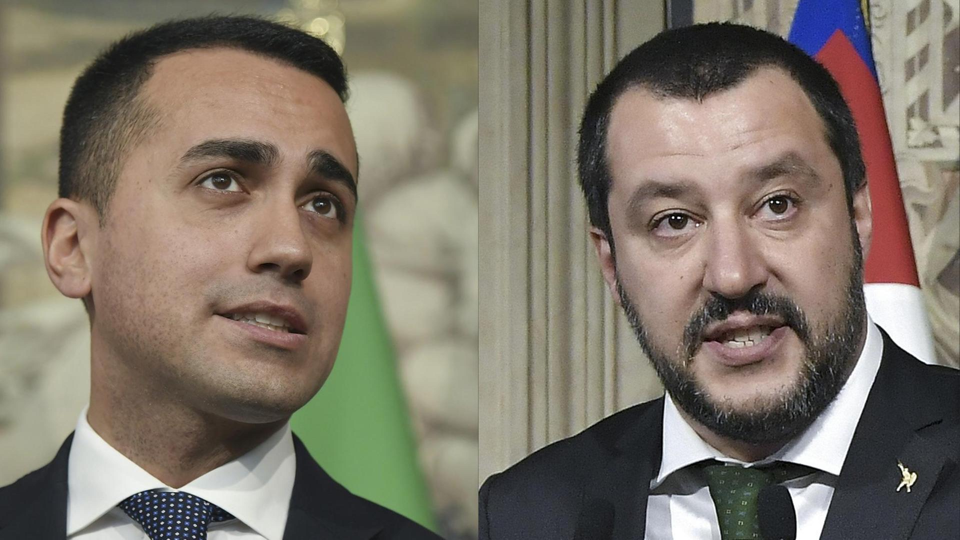 Die Fotomontage zeigt Luigi di Maio, Parteichef der Fünf-Sterne-Bewegung und Matteo Salvini, den Vorsitzenden der rechtsextremen Partei Lega. Die Fotomontage zeigt Luigi di Maio, Parteichef der Fünf-Sterne-Bewegung und Matteo Salvini, den Vorsitzenden der rechtsextremen Partei Lega.