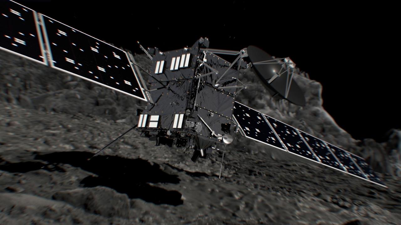 Eine Animation der Raumsonde Rosetta kurz vor der Landung auf dem Kometen Tschuri. Eine Animation der Raumsonde Rosetta kurz vor der Landung auf dem Kometen Tschuri.