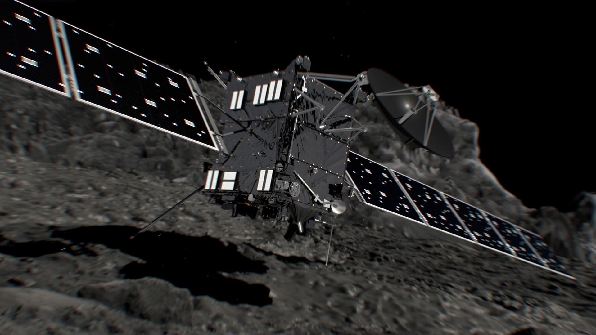 Eine Animation der Raumsonde Rosetta kurz vor der Landung auf dem Kometen Tschuri. Eine Animation der Raumsonde Rosetta kurz vor der Landung auf dem Kometen Tschuri.