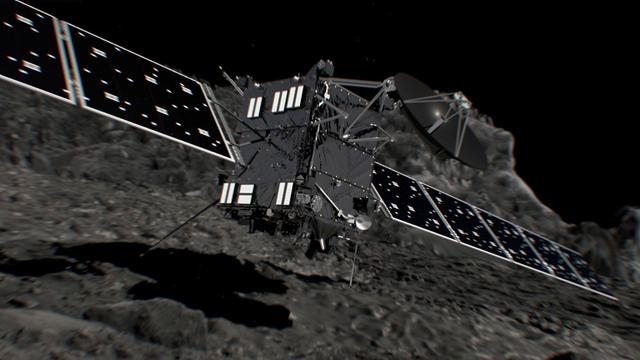 Eine Animation der Raumsonde Rosetta kurz vor der Landung auf dem Kometen Tschuri.