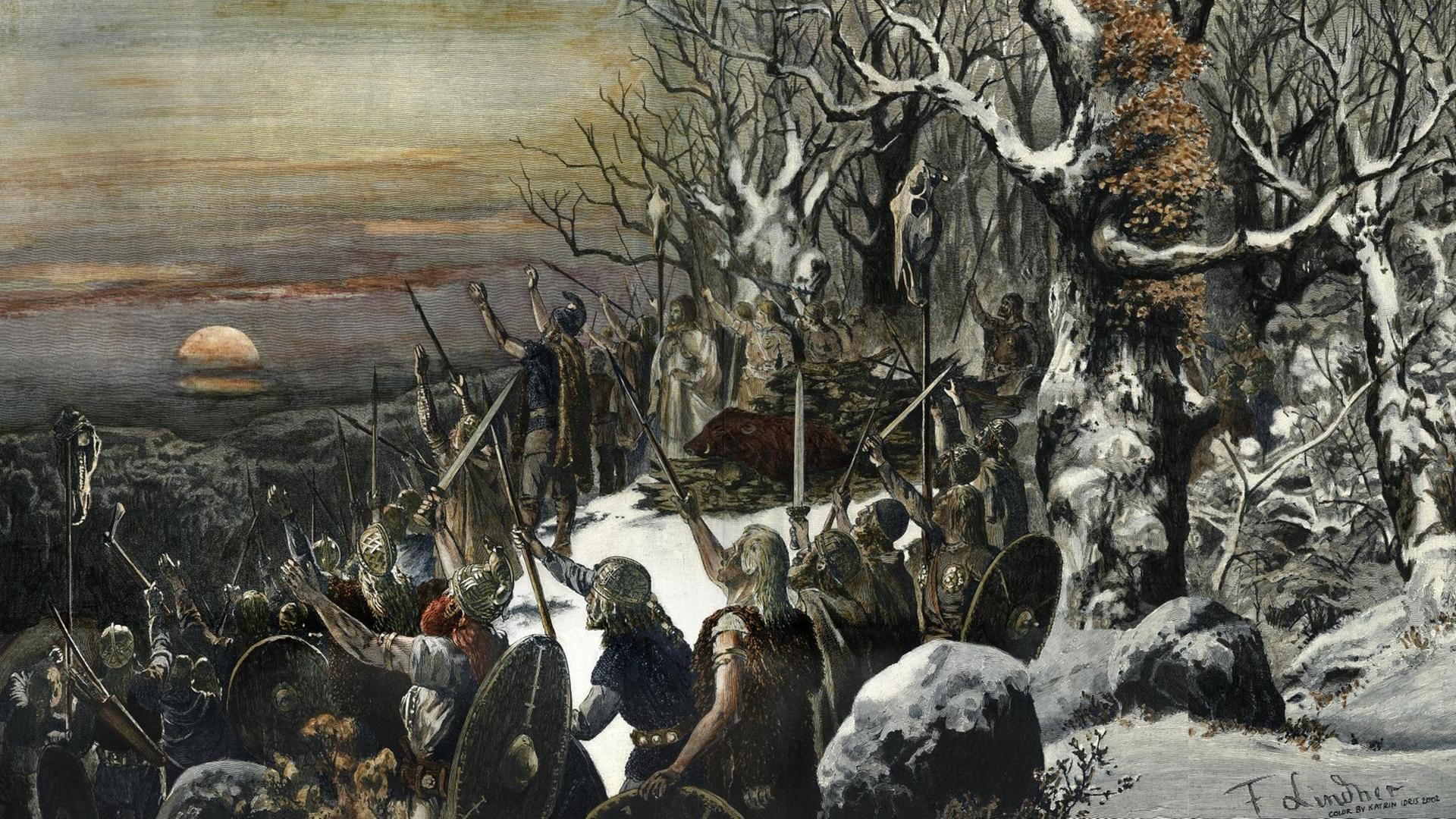 Ein historischer Holzstich: “Die Begrüßung der Sonne durch die alten Germanen am Wintersonnwendfest”, 1893. Nach einer Zeichnung von Ferdinand Lindner (1847–1906). Aus: Leipziger Illustrierte Zeitung, 23. Dezember 1893. Ein historischer Holzstich: “Die Begrüßung der Sonne durch die alten Germanen am Wintersonnwendfest”, 1893. Nach einer Zeichnung von Ferdinand Lindner (1847–1906). Aus: Leipziger Illustrierte Zeitung, 23. Dezember 1893.