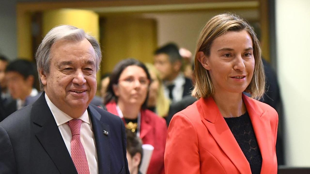 UNO-Generalsekretär Antonio Guterres und die EU-Außenbeauftragte Federica Mogherini auf der Syrien-Konferenz in Brüssel UNO-Generalsekretär Antonio Guterres und die EU-Außenbeauftragte Federica Mogherini auf der Syrien-Konferenz in Brüssel