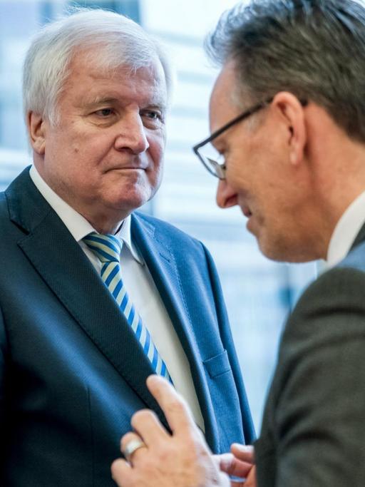 Bundesinnenminister Horst Seehofer (CSU, l) spricht vor einer Sondersitzung des Innenausschusses im Bundestag zum Datendiebstahl mit Holger Münch, Präsident des Bundeskriminalamts.