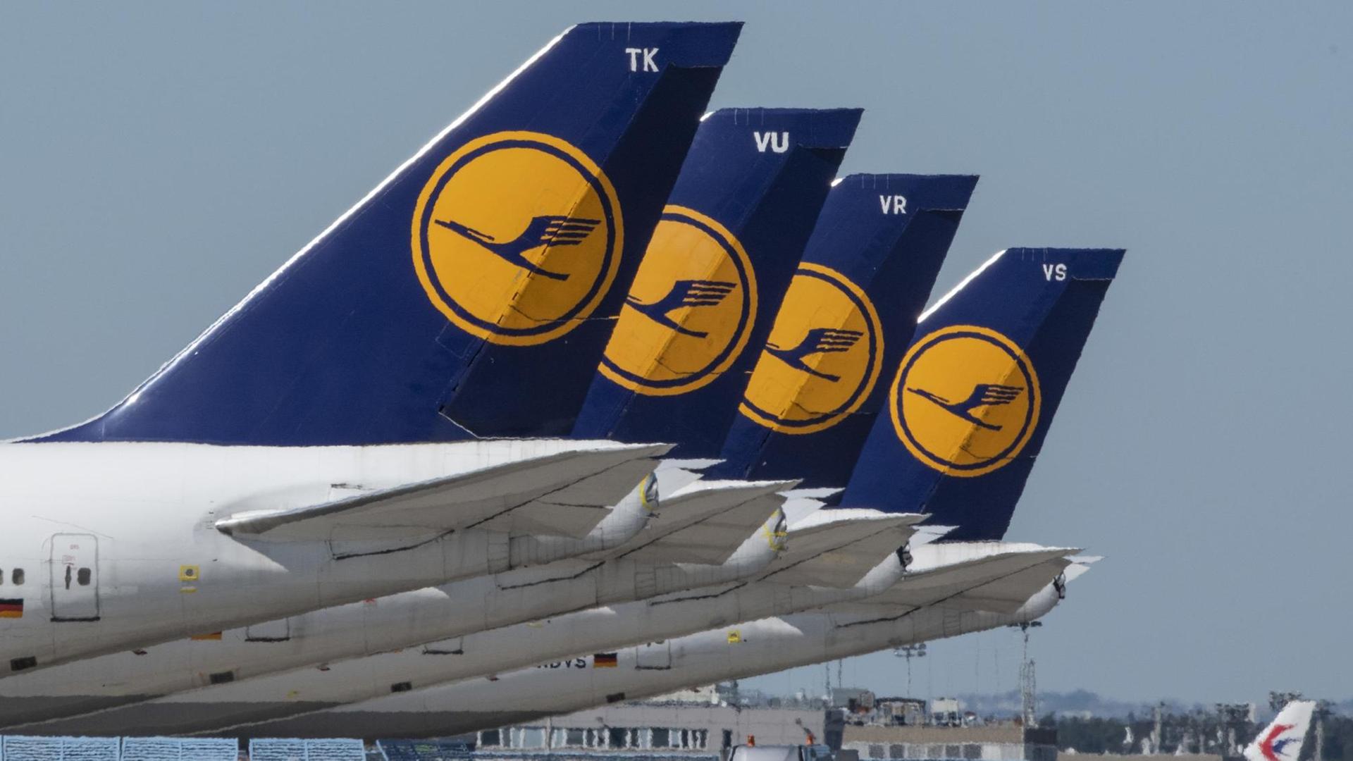 Vier stillgelegte Passagiermaschine der Lufthansa stehen auf dem leeren Rollfeld des Flughafen Frankfurt. Vier stillgelegte Passagiermaschine der Lufthansa stehen auf dem leeren Rollfeld des Flughafen Frankfurt.