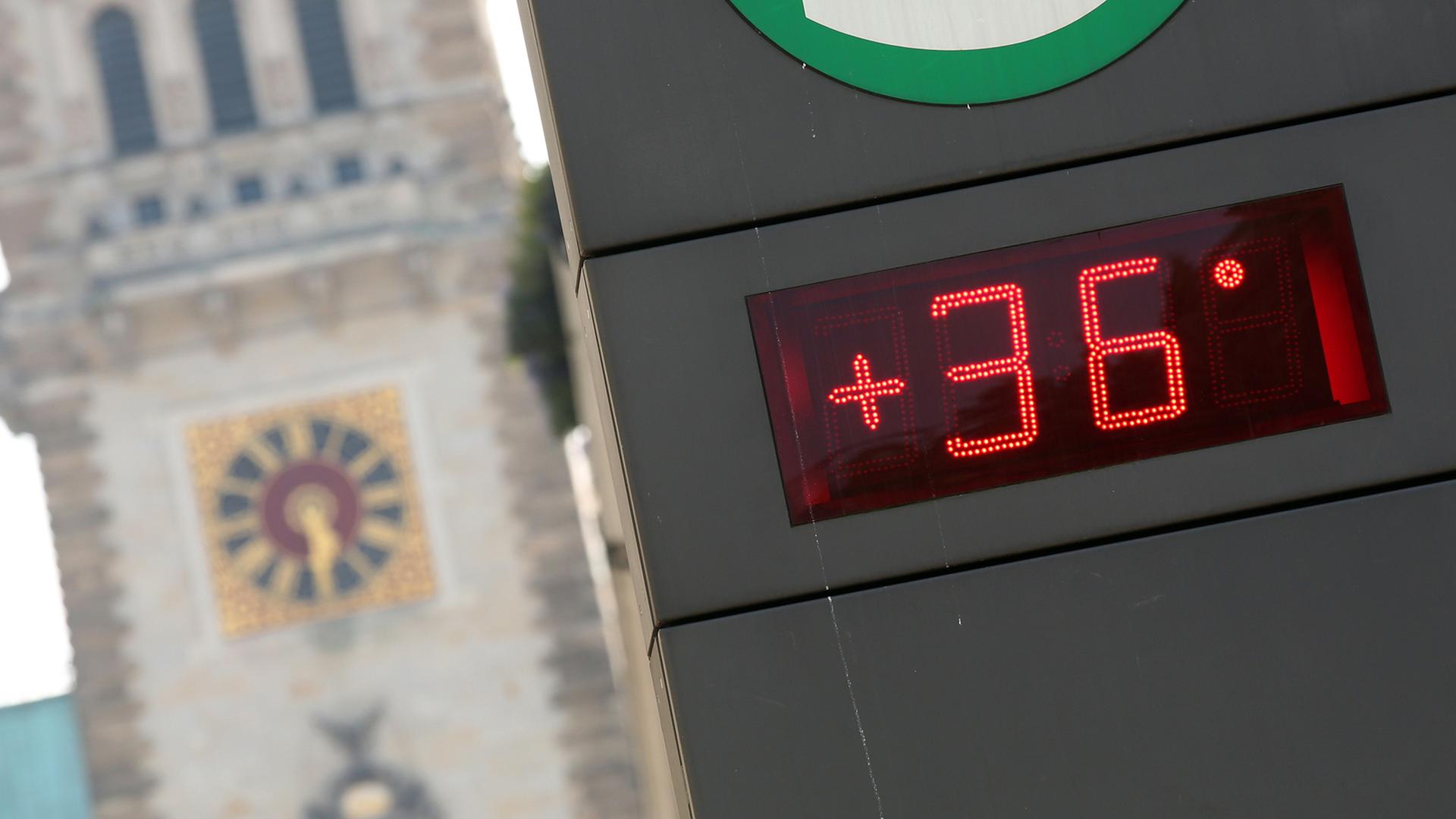 Hitzewelle: Ein Thermometer am Hamburger Rathaus zeigt 36 Grad Celsius an. Hitzewelle: Ein Thermometer am Hamburger Rathaus zeigt 36 Grad Celsius an.