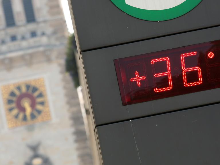 Hitzewelle: Ein Thermometer am Hamburger Rathaus zeigt 36 Grad Celsius an.