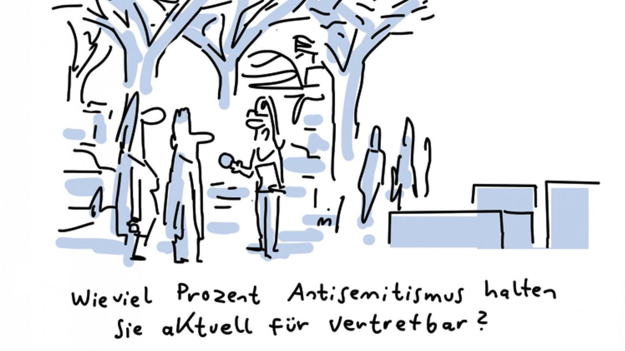 Zeichnung eines Interviews mit Passanten. Darunter die Textzeile: "Wieviel Prozent Antisemitismus halten Sie aktuell für vertretbar?" Zeichnung eines Interviews mit Passanten. Darunter die Textzeile: "Wieviel Prozent Antisemitismus halten Sie aktuell für vertretbar?"