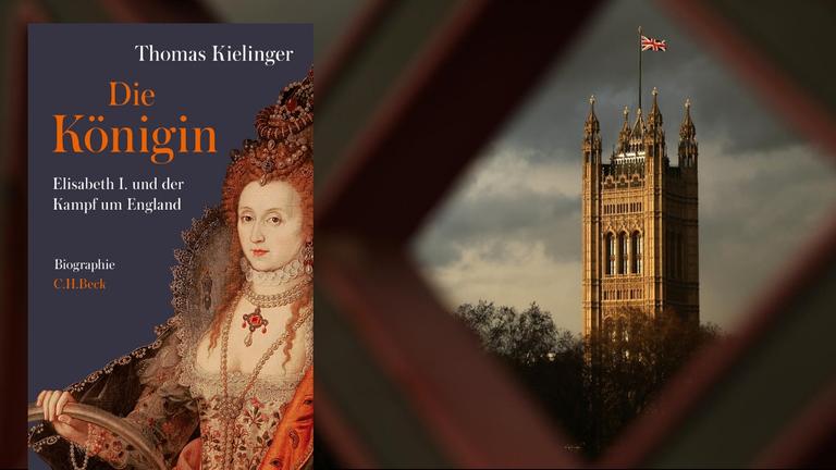 Cover-Collage. Buchcover "Die Königin. Elisabeth I. und der Kampf um England" von Thomas Kielinger, C.H.Beck Verlag. Hintergrund rechts: Die britische Flagge auf dem Victoria Tower des Westminster-Palasts in London Cover-Collage. Buchcover "Die Königin. Elisabeth I. und der Kampf um England" von Thomas Kielinger, C.H.Beck Verlag. Hintergrund rechts: Die britische Flagge auf dem Victoria Tower des Westminster-Palasts in London