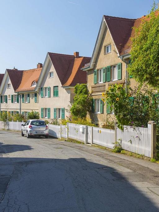 Eine Straße in der Gartenstadt Hellerau in Dresden. Gelb gestrichene Häuser mit grünen Türen und Fensterläden.