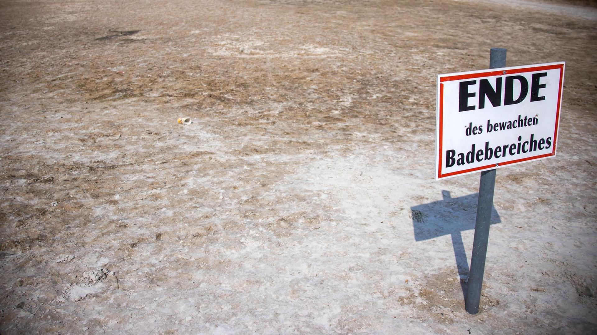 Wasserknappheit in Deutschland: Ein Hinweisschild mit der Aufschrift "Ende des bewachten Badebereichs" steht am Neustädter See schon seit Wochen auf dem Trockenen. Wasserknappheit in Deutschland: Ein Hinweisschild mit der Aufschrift "Ende des bewachten Badebereichs" steht am Neustädter See schon seit Wochen auf dem Trockenen.