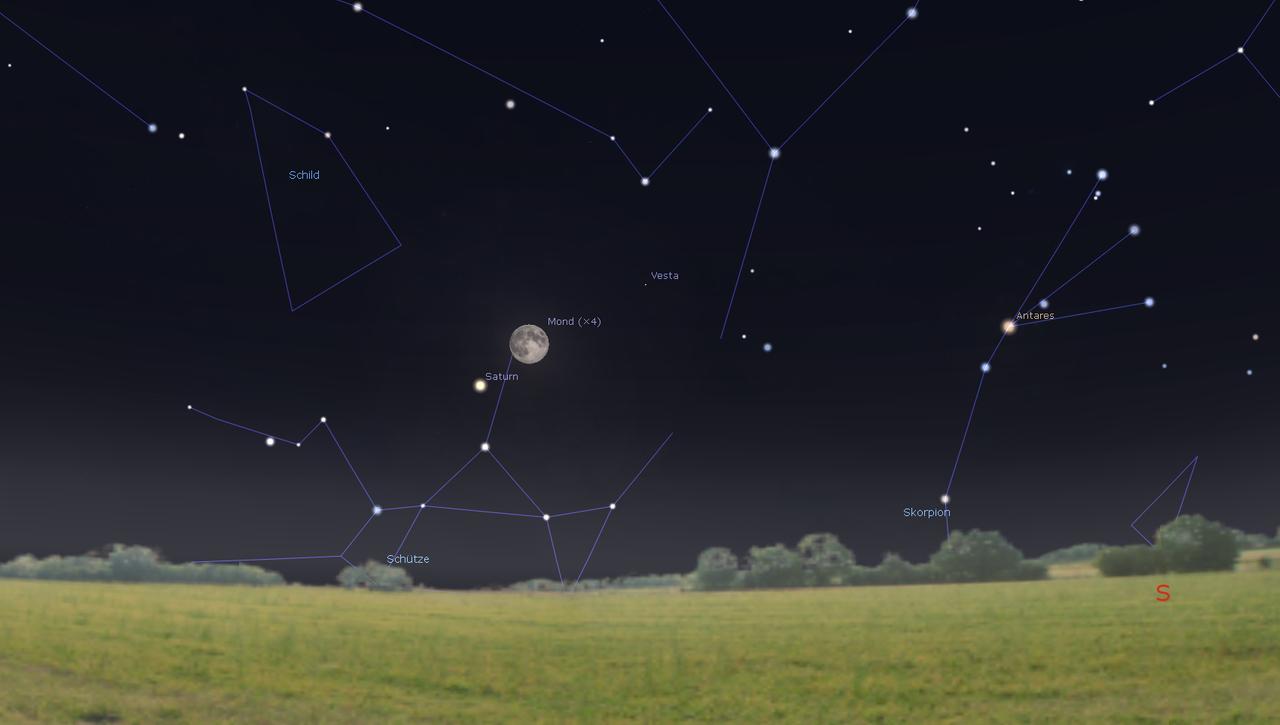 Morgen Abend steht der Mond dicht neben dem Ringplaneten Saturn Morgen Abend steht der Mond dicht neben dem Ringplaneten Saturn