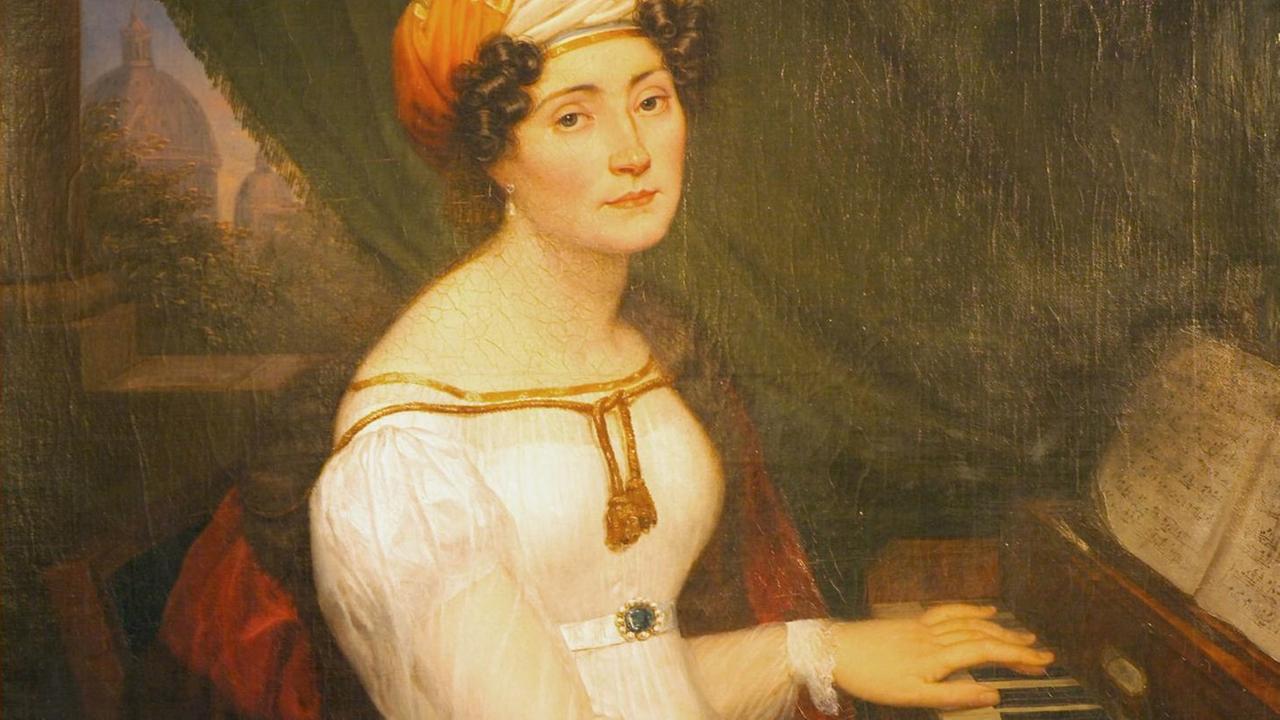 Gemälde einer jungen Frau, die an einem Piano sitzt und den Blick zum Betrachter wendet. Gemälde einer jungen Frau, die an einem Piano sitzt und den Blick zum Betrachter wendet.