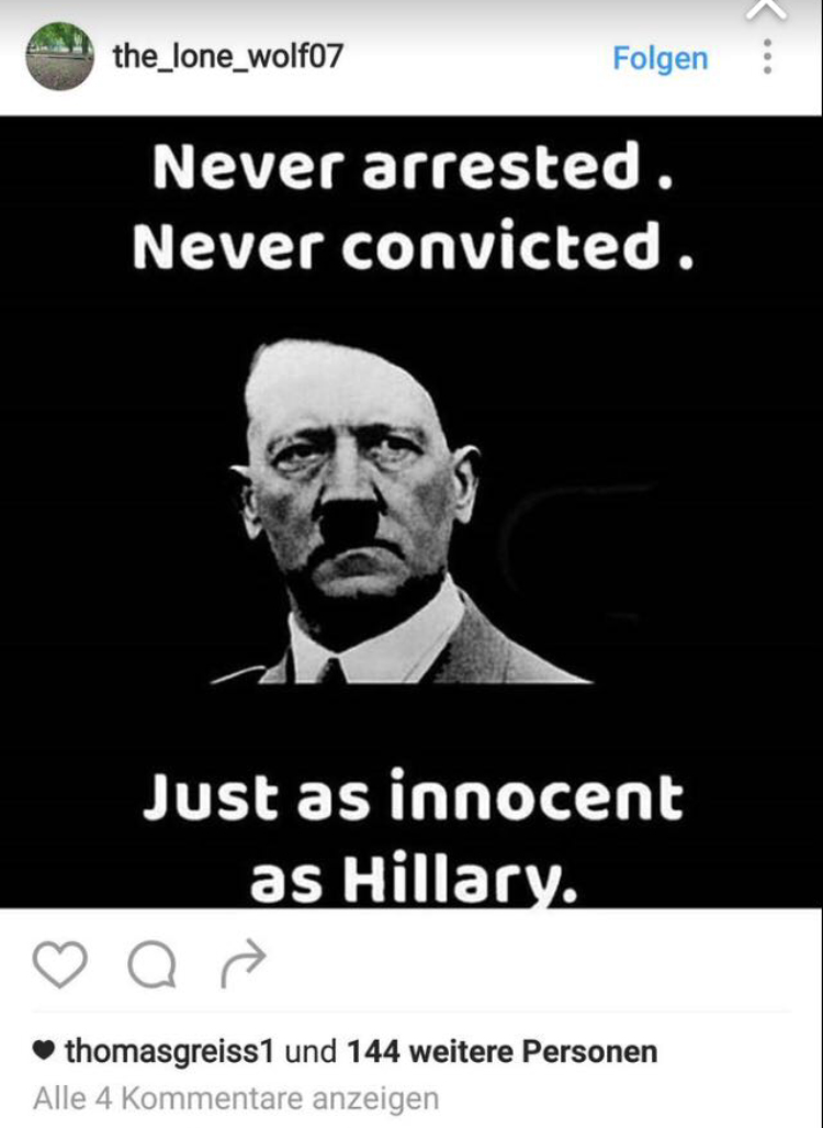 Instagram-Post, in dem Adolf Hitler mit Hillary Clinton verglichen wird