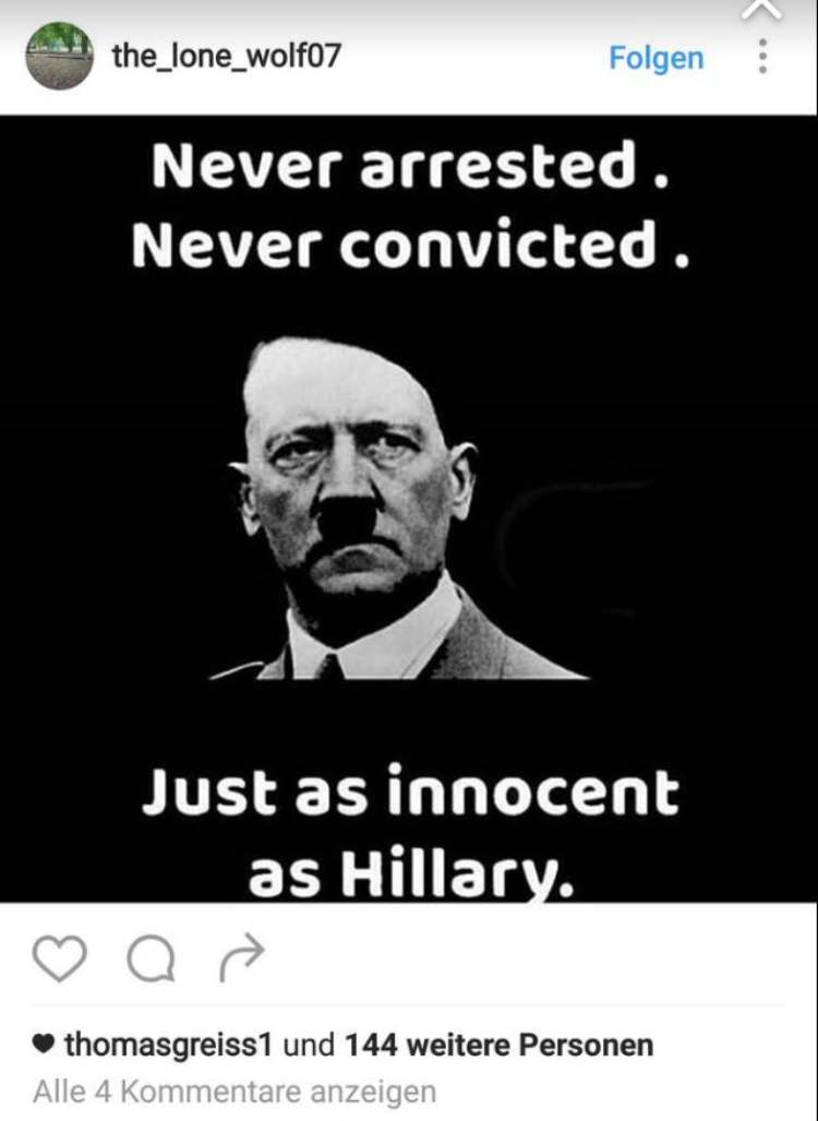 Instagram-Post, in dem Adolf Hitler mit Hillary Clinton verglichen wird Instagram-Post, in dem Adolf Hitler mit Hillary Clinton verglichen wird