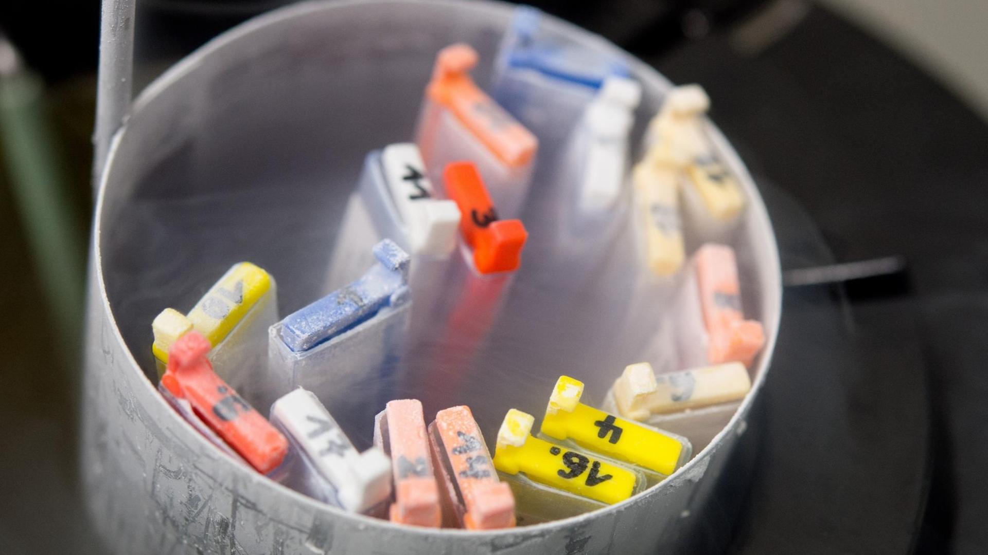 Kassetten mit eingefrorenen Eizellen lagern am 09.12.2014 in einem Labor im Universitätsklinikum in Tübingen (Baden-Württemberg) in einem Stickstoffbehälter. Kassetten mit eingefrorenen Eizellen lagern am 09.12.2014 in einem Labor im Universitätsklinikum in Tübingen (Baden-Württemberg) in einem Stickstoffbehälter.