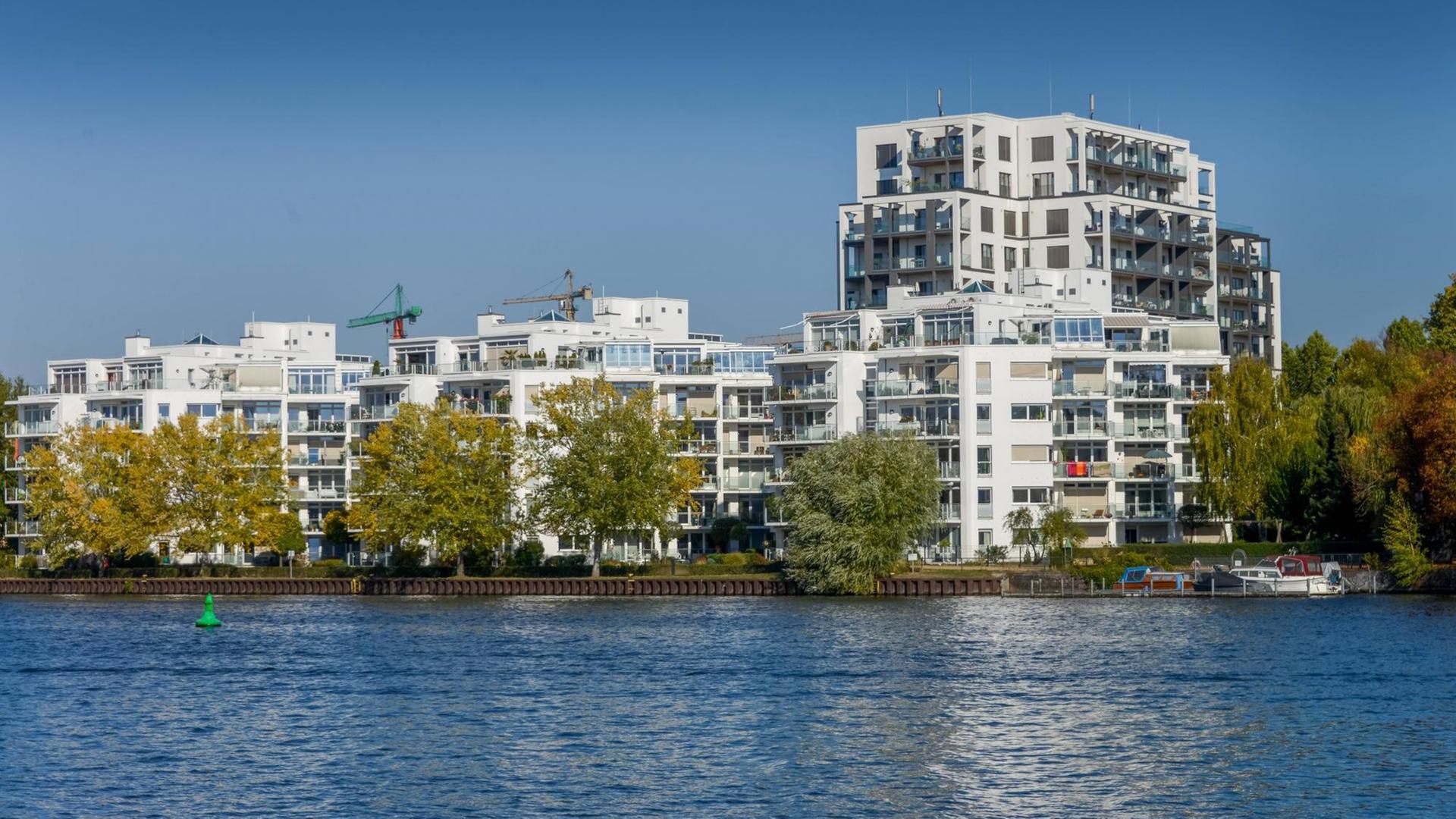 Ein weißer Luxusbau am Wasser, umgeben von vielen Bäumen. Ein weißer Luxusbau am Wasser, umgeben von vielen Bäumen.