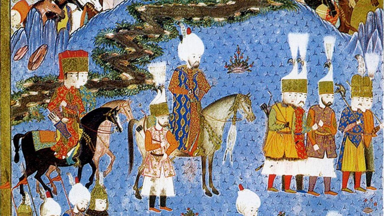 Süleyman I. (1494 -1566) regierte das Osmanische Reich von 1520 bis zu seinem Tod 1566. Das Bild (1561) zeigt Süleyman I. mit seiner Armee in Nachitschewan 1554.