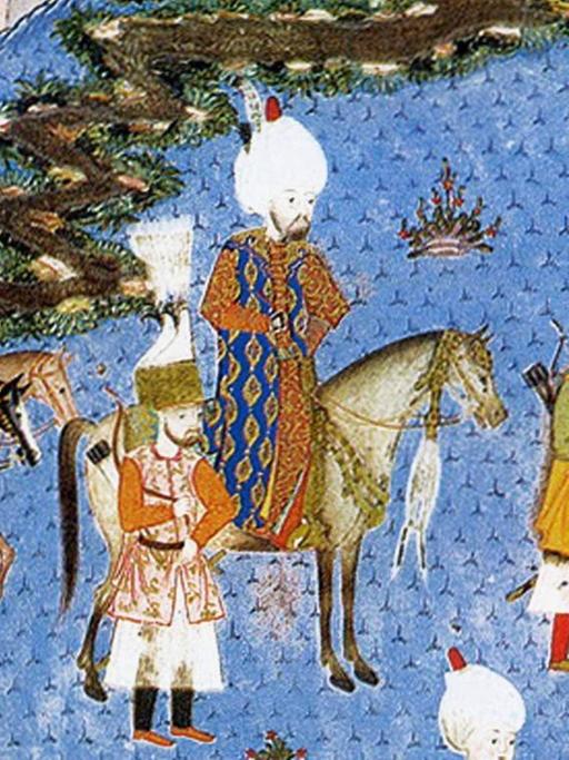Süleyman I., (1494 -1566) regierte das Osmanische Reich von 1520 bis zu seinem Tod 1566. Das Bild (1561) zeigt Süleyman I. mit seiner Armee in Nachitschewan 1554.