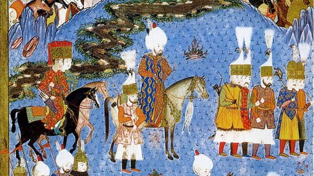 Süleyman I., (1494 -1566) regierte das Osmanische Reich von 1520 bis zu seinem Tod 1566. Das Bild (1561) zeigt Süleyman I. mit seiner Armee in Nachitschewan 1554.
