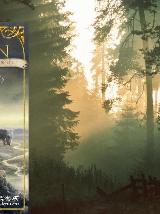 Das Buchcover von "Beren und Lúthien" ist links vor einen düsteren Wald montiert.