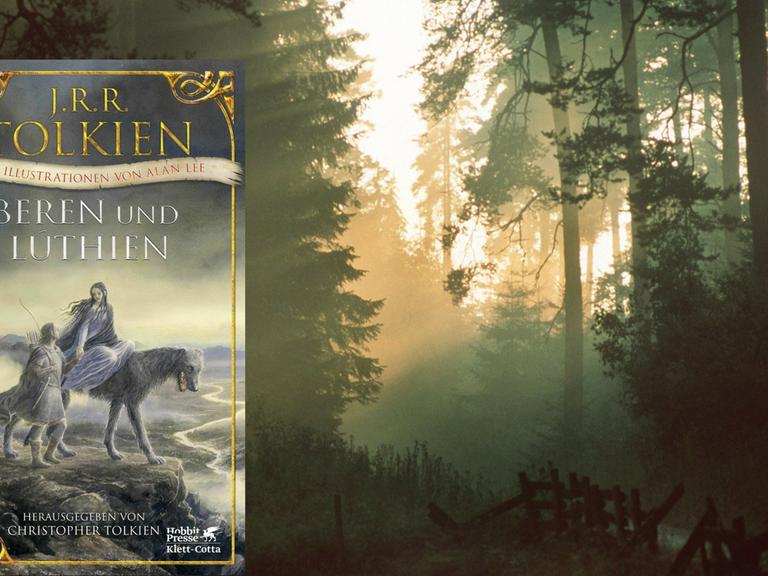 Das Buchcover von "Beren und Lúthien" ist links vor einen düsteren Wald montiert.