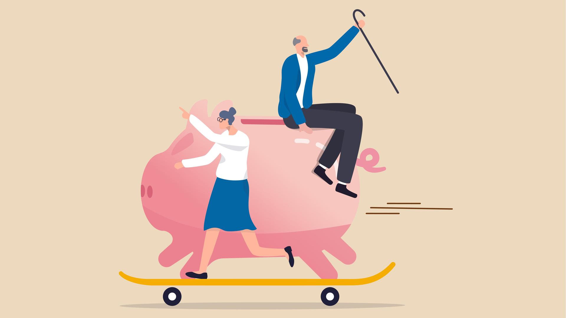Illustration: Ein altes Paar mit großem Geldschwein auf einem Skateboard. Illustration: Ein altes Paar mit großem Geldschwein auf einem Skateboard.