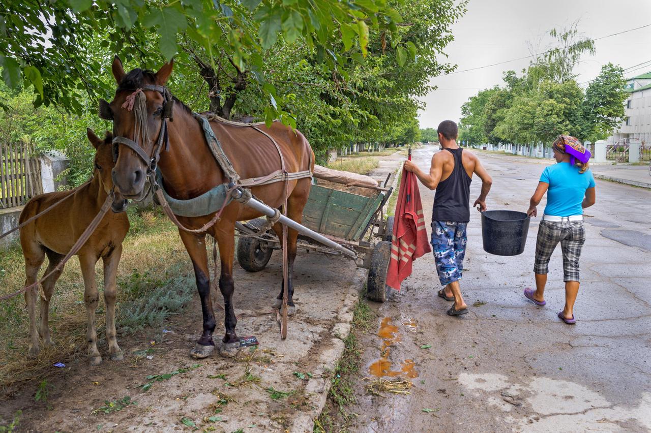 Zwei Personen heben in Delacau, Moldau, einen Kuebel auf ihr Pferdefuhrwerk mit ausgemergeltem Pferd und Fohlen am Strassenrand.