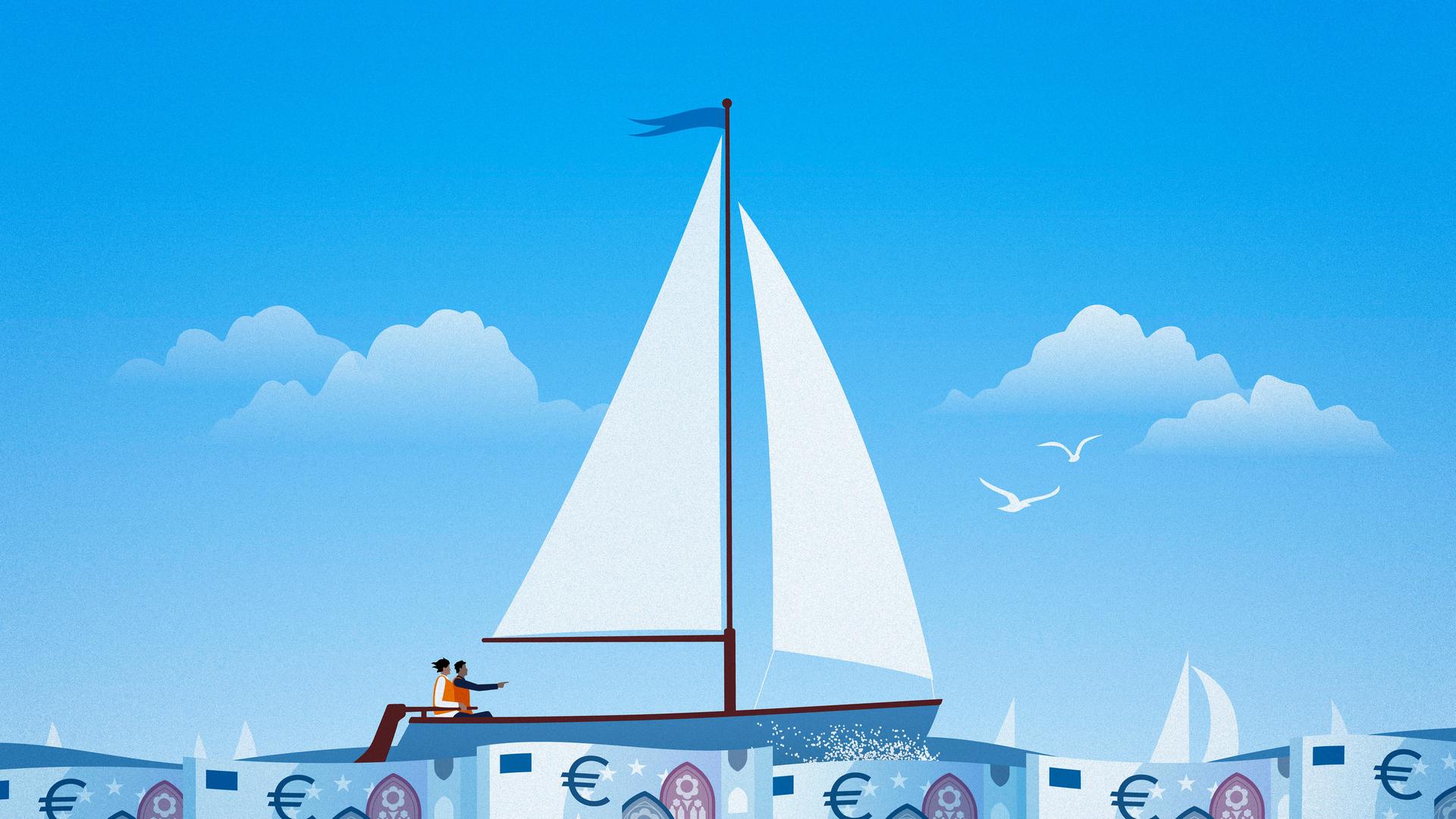 Illustration: Ein Paar Paar segelt auf ruhiger See mit Euro-Scheinen Illustration: Ein Paar Paar segelt auf ruhiger See mit Euro-Scheinen