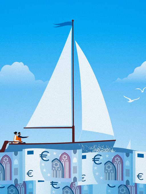 Illustration: Ein Paar Paar segelt auf ruhiger See mit Euro-Scheinen