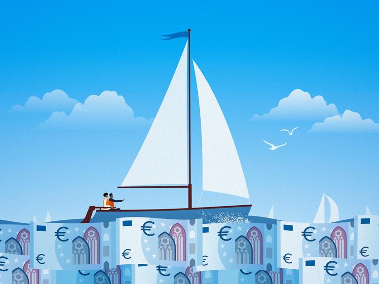 Illustration: Ein Paar Paar segelt auf ruhiger See mit Euro-Scheinen