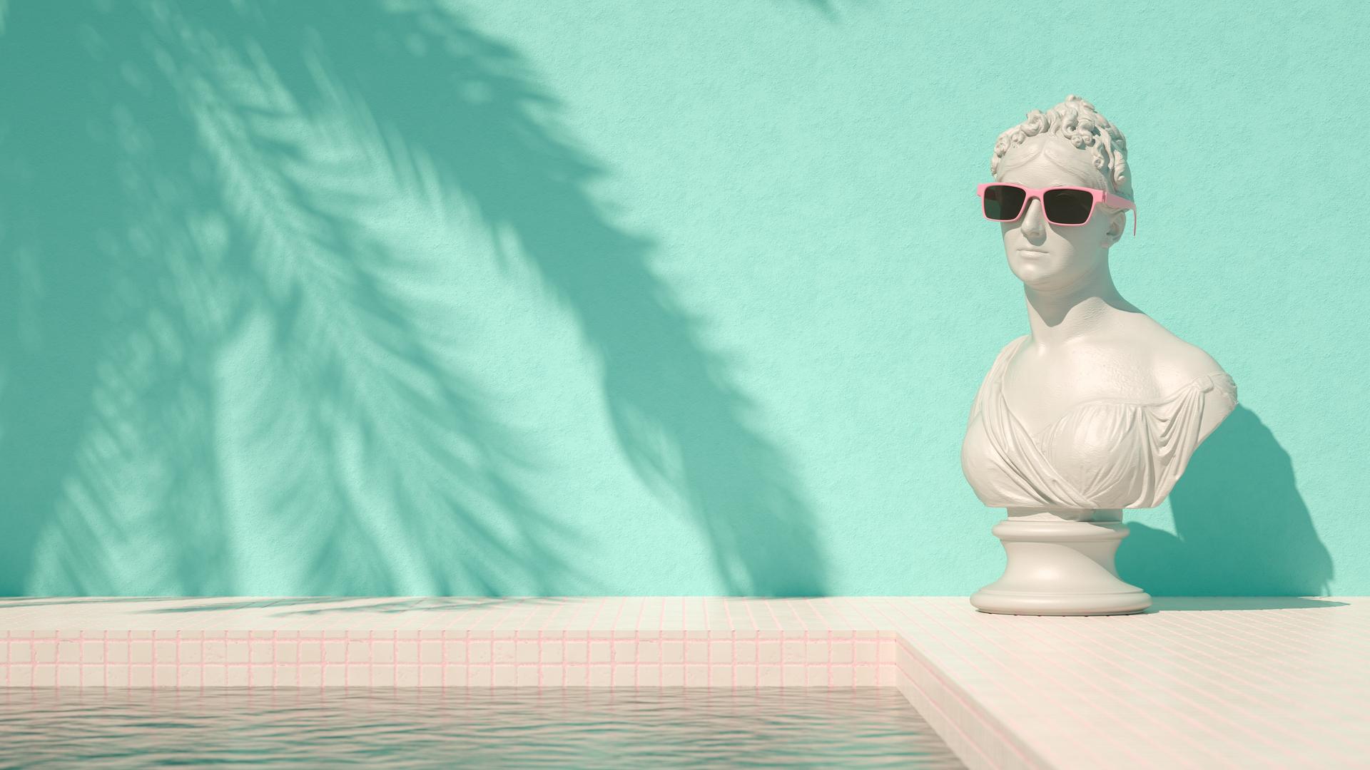 Digitale Illustration in grünen Pastellton: Zu sehen ist eine weibliche antike Skulptur mit bedeckter Brust und einer pinken Sonnenbrille am Rande eine Swimmingpools. Digitale Illustration in grünen Pastellton: Zu sehen ist eine weibliche antike Skulptur mit bedeckter Brust und einer pinken Sonnenbrille am Rande eine Swimmingpools.