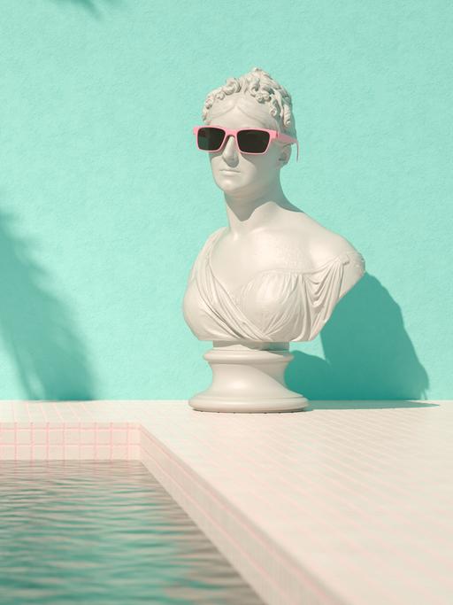 Digitale Illustration in grünen Pastellton: Zu sehen ist eine weibliche antike Skulptur mit bedeckter Brust und einer pinken Sonnenbrille am Rande eine Swimmingpools. 