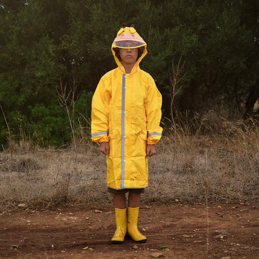 Ein Junge mit gelber Regenkleidung steht allein in einer trockenen Parklandschaft