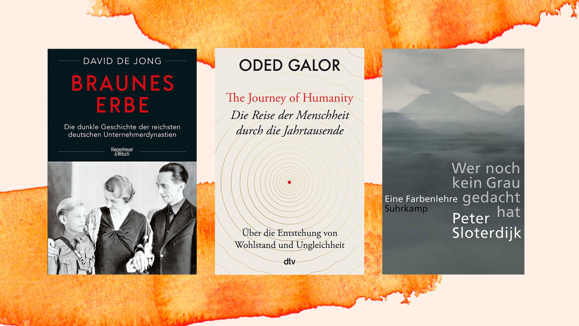 Von links nach rechts sind die Cover der  Bücher von David De Jong, "Braunes Erbe"; von Oded Galor, "Die Reise der Menschheit durch die Jahrtausende"; und von Peter Sloterdijk, "Wer noch kein Grau gedacht hat", zu sehen. Sie sind auf einen orange-weißen Hintergrund montiert.
 