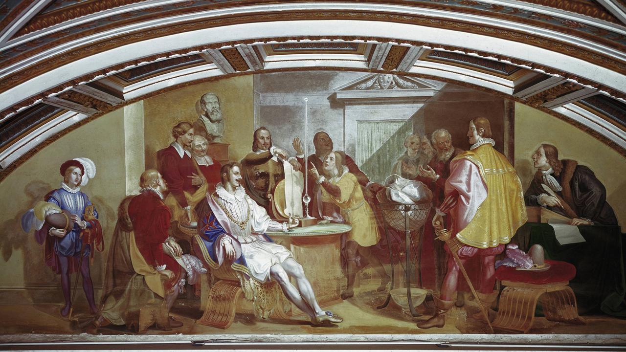 Großherzog Ferdinand II. de Medici beobachtet ein Barometer-Experiment von Evangelista Torricelli in der Accademia del Cimento; Fresco von Gaspero Martellini (1785-1857) in der Tribuna Galileiana in Florenz Großherzog Ferdinand II. de Medici beobachtet ein Barometer-Experiment von Evangelista Torricelli in der Accademia del Cimento; Fresco von Gaspero Martellini (1785-1857) in der Tribuna Galileiana in Florenz