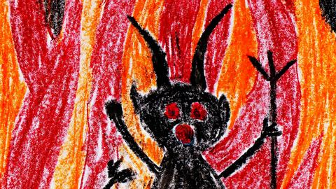 Kinderzeichnung eines schwarzen Teufels mit Dreizack vor rotem Hintergrund