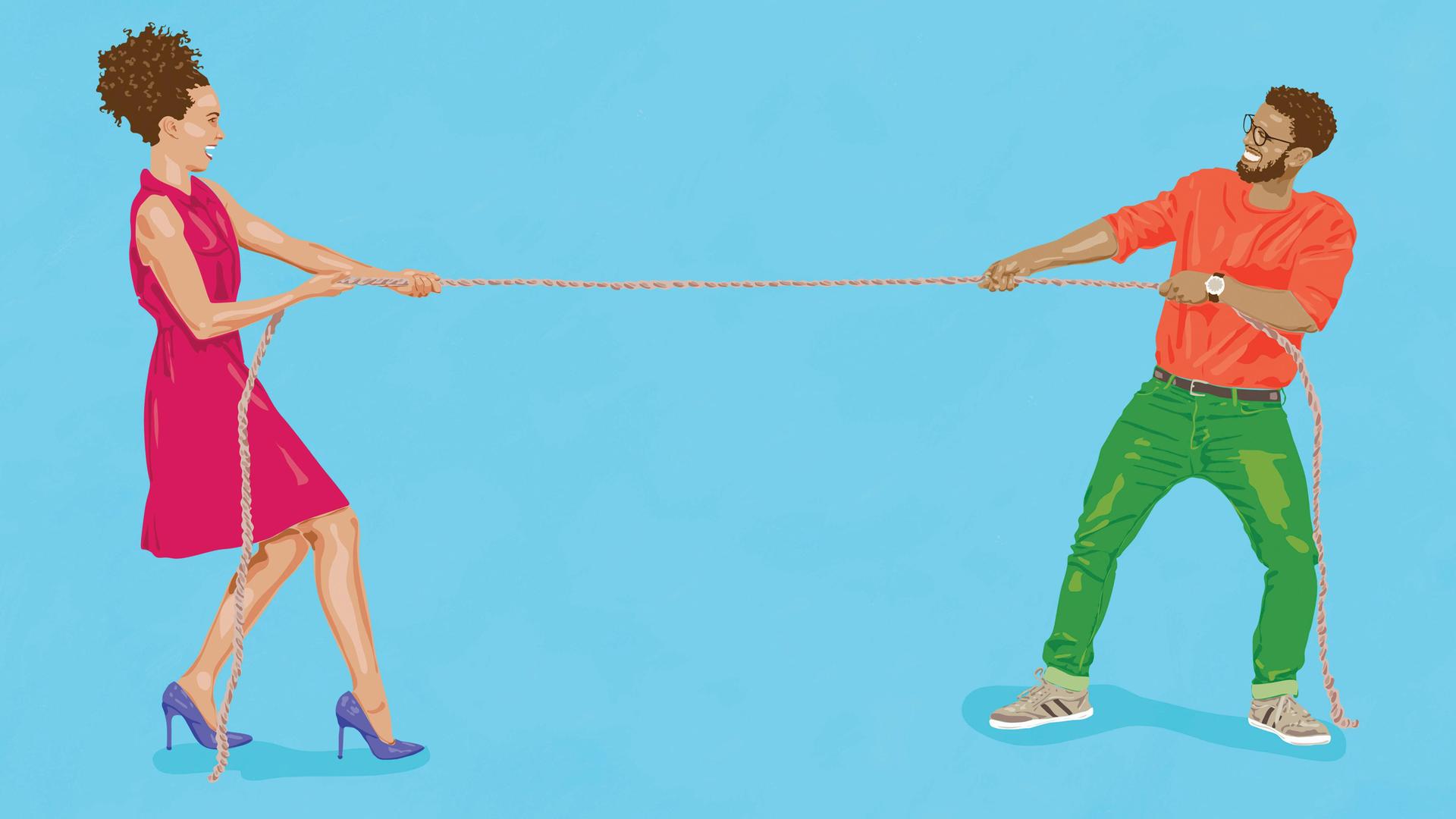 Illustration eines Paares, das an entgegengesetzten Enden eines Taus zieht.