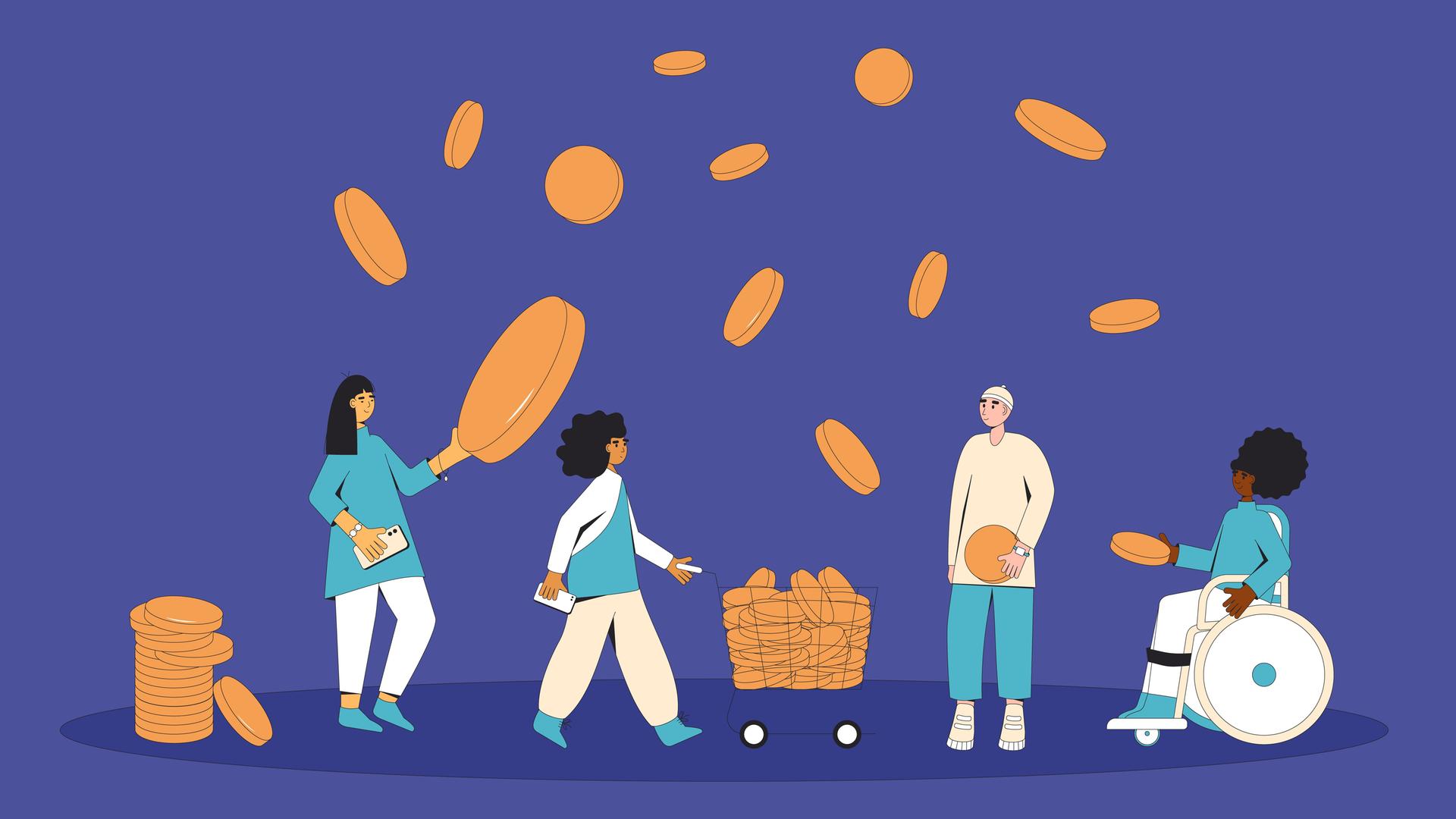 Illustration von verschiedenen Menschen die überdimensoniale Geldstücke in den Händen halten und diese durch die Luft werfen. Illustration von verschiedenen Menschen die überdimensoniale Geldstücke in den Händen halten und diese durch die Luft werfen.