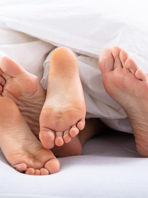 In einem Bett mit weißem Bettzeug liegen zwei Menschen. Sie haben Sex.